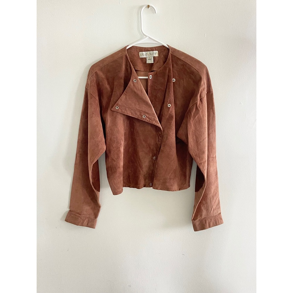 Paula Saker Vintage‎ Brown Suede Leather Jacket Asymmetrical Snap Front Size 6